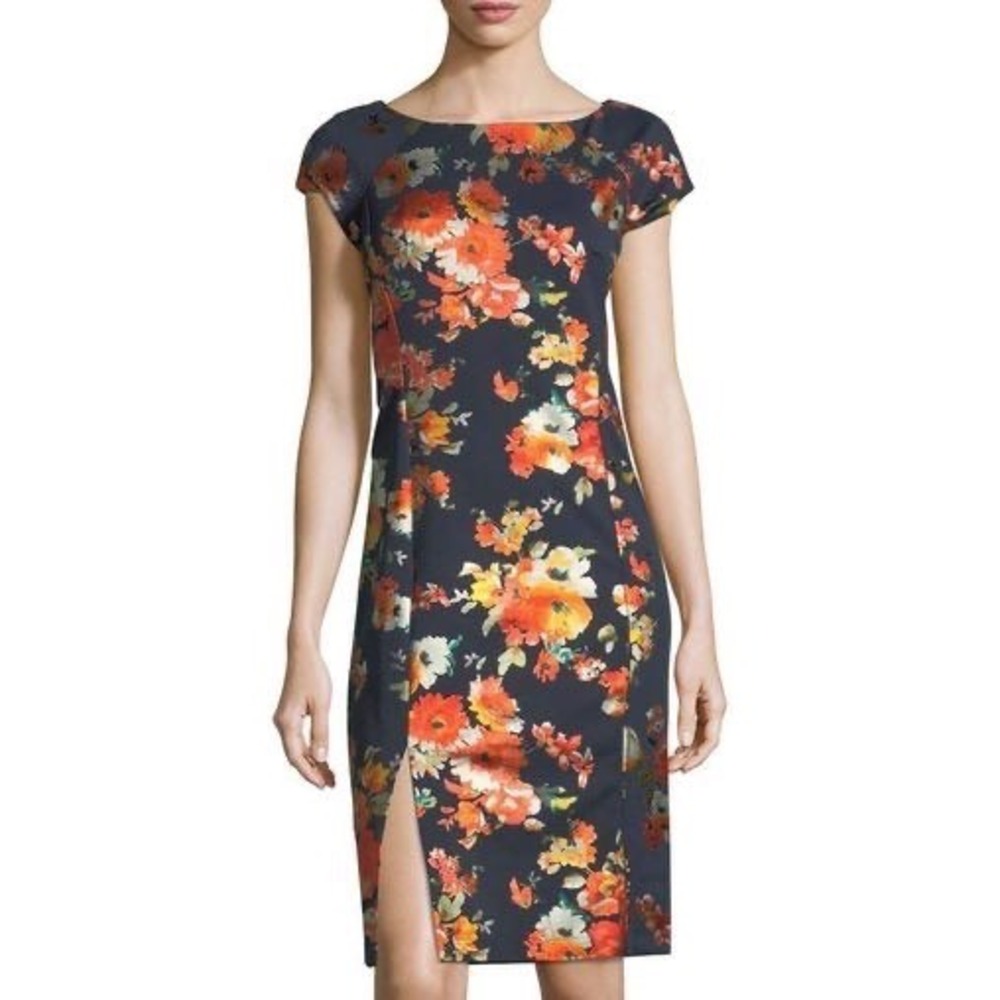 Weslee Rose Navy Orange Metallic Floral Sheath Dress Cap Sleeve Size 4